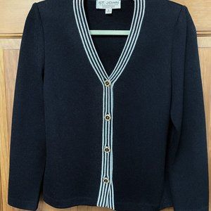 St. John Collection by Marie Gray Vintage Black Cardigan with White Stripe Trim